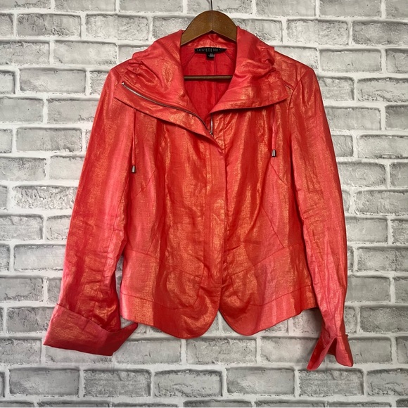 Lafayette 148 Vibrant Coral Metallic Linen Occasion Jacket Blazer Coat Bright 10